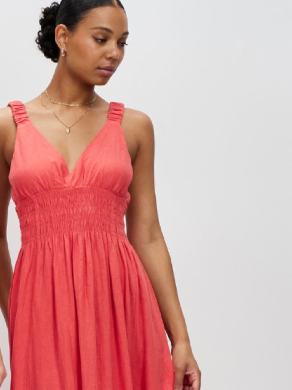 Abercrombie & Fitch Scrunchie Strap Linen Blend Maxi Dress Melon Coral Pink XS - Picture 4 of 8